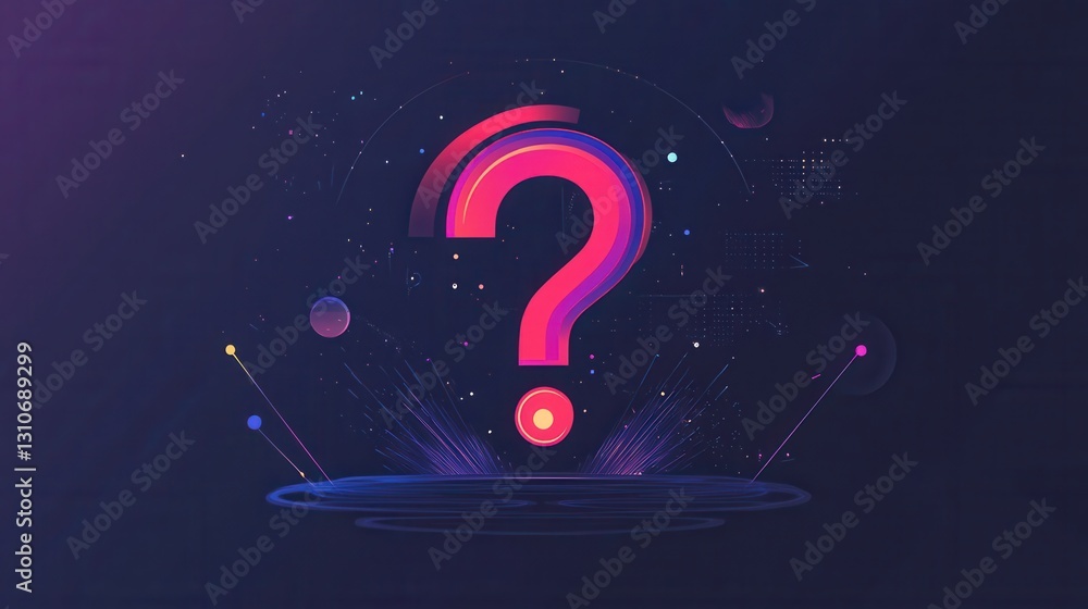 Poster minimalist design featuring a glowing question mark symbol surrounded by light bursts in a modern fl