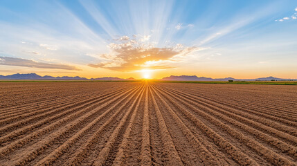 breathtaking sunrise over vast empty farmland with golden rays