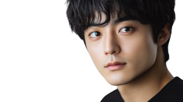 A portrait of a young man with tousled black hair, wearing a black shirt, captured against a white background.