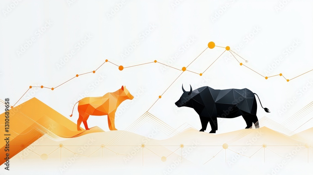 Poster a bull and bear standing on a graph with a desert in the background.
