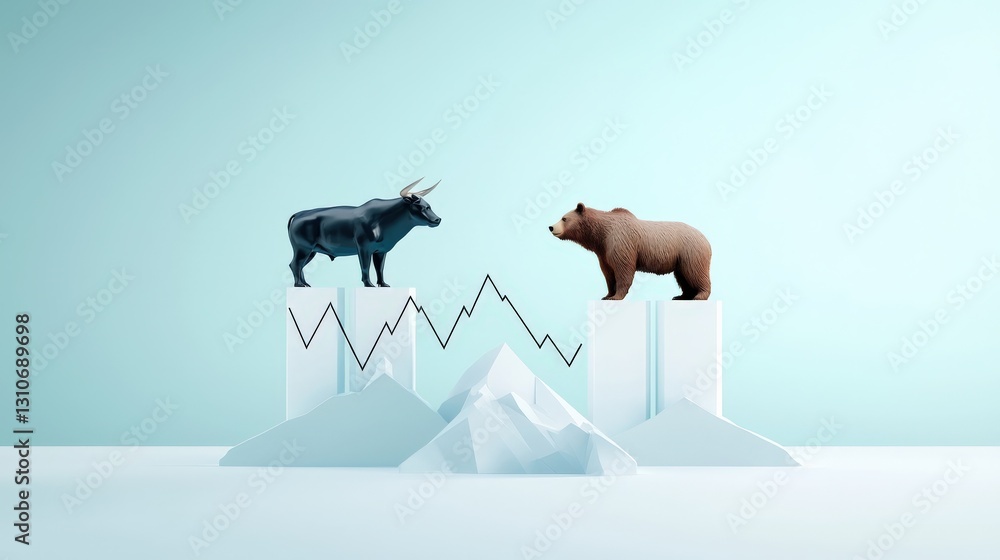 Poster a bull and bear standing on a graph with a mountain range in the background.