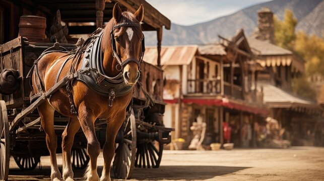 Vintage Stagecoach in Old Western Town Setting with Wooden Buildings and Hitching Posts