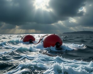 Two red buoys float in turbulent ocean waters under dramatic, cloudy skies, with rays of sunlight breaking through the clouds.