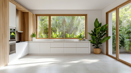 clean, decluttered kitchen with white counters and large windows