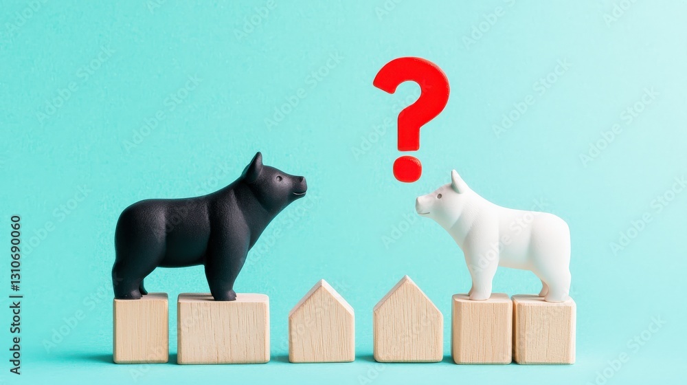 Poster a bull and bear standing on a graph with a question mark.