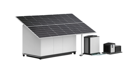 Modern solar energy system with solar panels and batteries on a white isolated background.