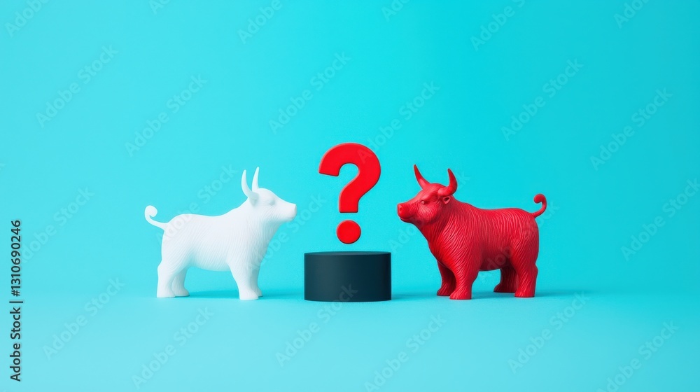 Poster a bull and bear standing on a graph with a question mark.