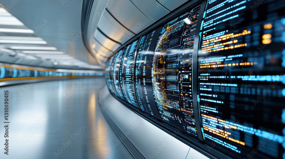 Poster futuristic data center with glowing screens and sleek architecture