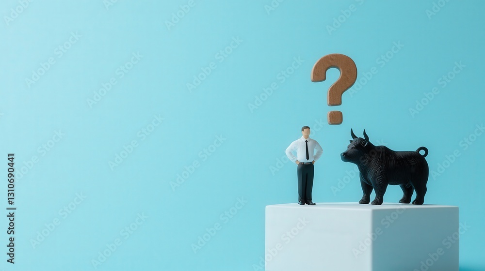 Poster a bull and bear standing on a graph with a question mark.