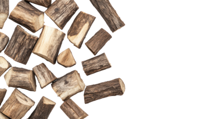 A collection of chopped firewood pieces on a white isolated background.