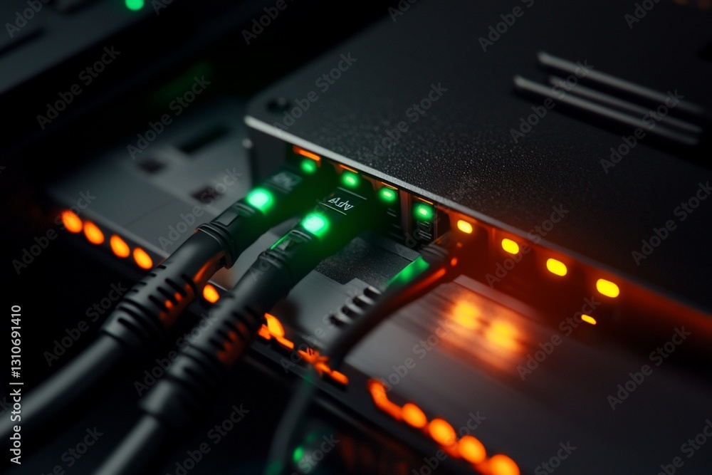 Poster close-up of network server with glowing lights and connected cables.