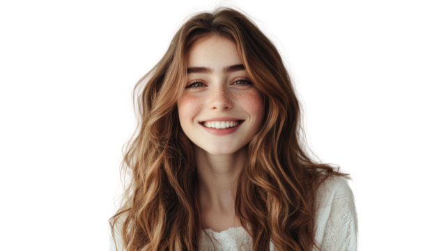 A cheerful young woman with long, wavy hair smiles brightly against a white background.