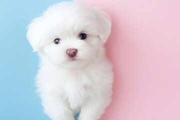 Adorable White Maltese Puppy Sitting Against a Soft Pink and Blue Backdrop, Capturing Innocence and Playfulness in a Studio Setting