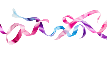 Colorful, flowing ribbons in shades of pink, blue, and purple, set against a white background for a modern design element.
