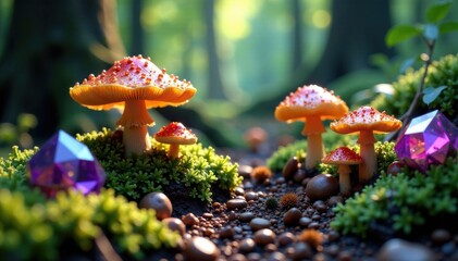 Forest floor covered in mushrooms and crystals, bioluminescent, natural, mystical