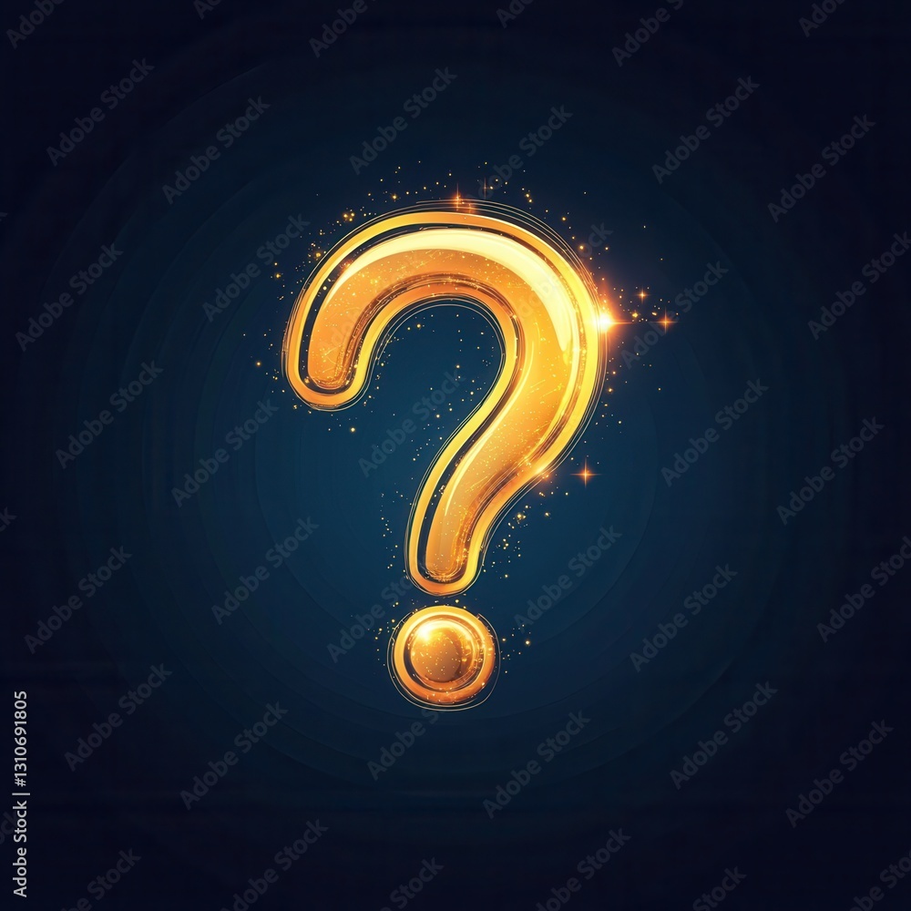 Poster minimalist icon featuring a glowing question mark design in modern flat style with light bursts agai