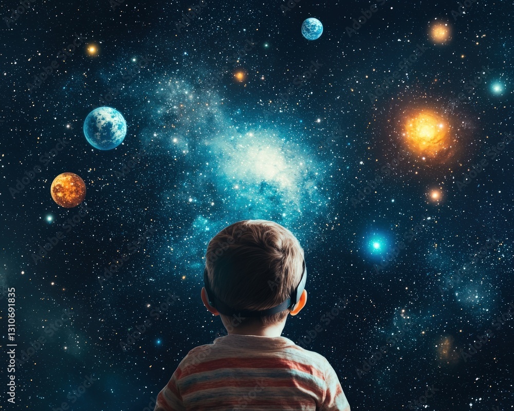 Poster a child exploring outer space with a virtual reality headset