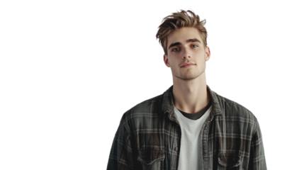 Young man in casual attire with a relaxed expression, isolated on white background.