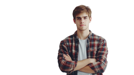 Young man with arms crossed, wearing a plaid shirt, on white isolated background.