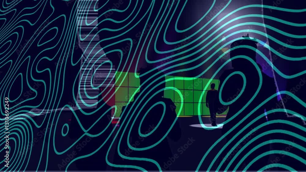 Aufkleber in school, animation of abstract line patterns overlaying silhouettes in colorful setting