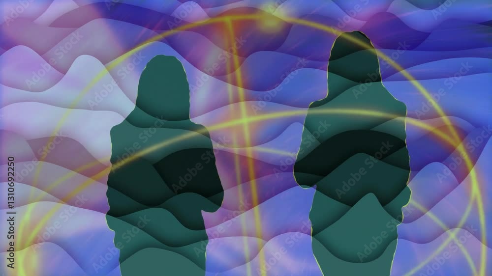 Poster animation of silhouettes over colorful wave and line patterns in school setting