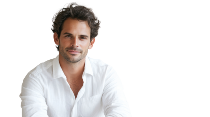Confident man in a white shirt, smiling, sitting against a white background.