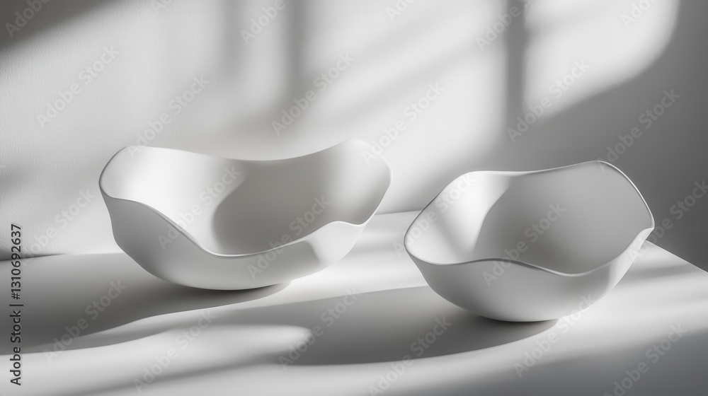Poster Elegant floating 3D shapes with soft shadows and reflections on a white background showcase futuristic design elements