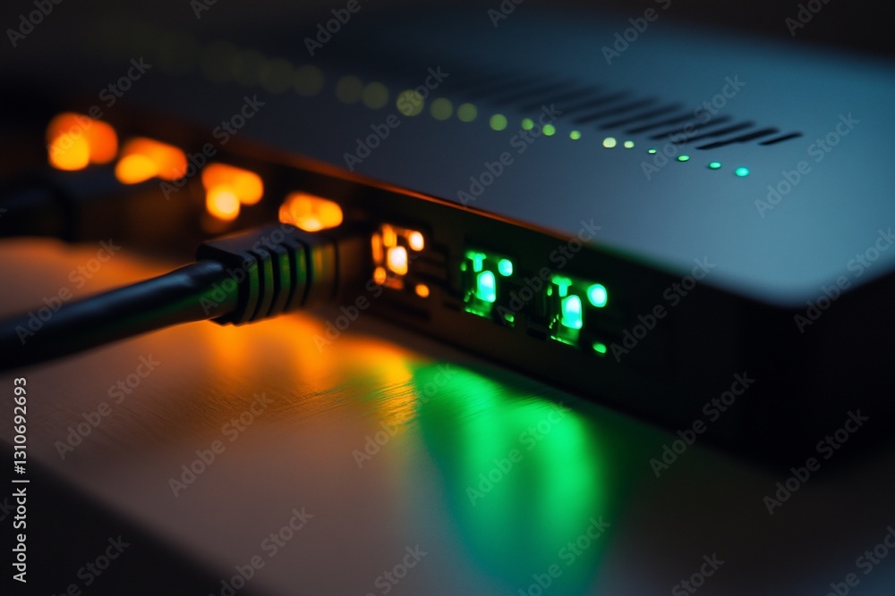 Poster close-up of a network router with ethernet cable connected, glowing lights indicating activity.