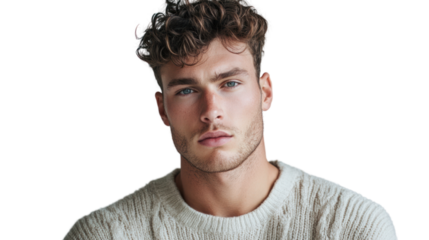 A young man with curly hair wearing a cozy sweater, posing thoughtfully against a white background.