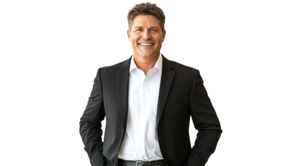 Confident professional man in a suit smiling against a white background, ready for business success and opportunities.