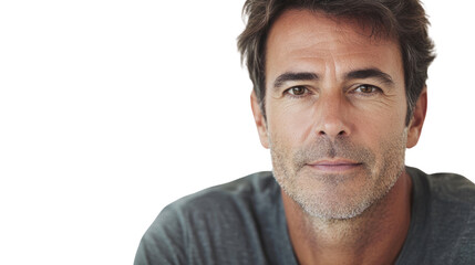 Obraz premium Portrait of a mature man with an engaging expression, showcasing confidence and approachability against a white isolated background.