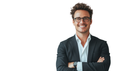 Confident businessman smiling with arms crossed, wearing glasses and formal attire, isolated on white background.