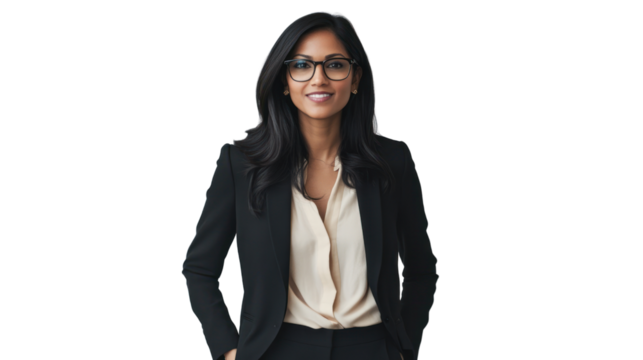 A professional woman with glasses, wearing a black suit and light blouse, standing confidently against a white background.