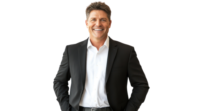 Confident professional man in a suit smiling against a white background, ready for business success and opportunities.