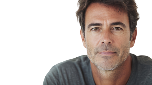 Portrait of a mature man with an engaging expression, showcasing confidence and approachability against a white isolated background.