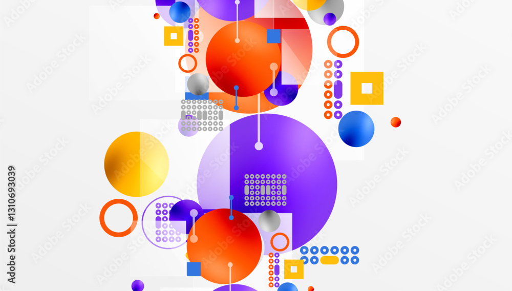 Poster Minimalistic abstract vector design, layered geometric shapes circles, squares, and triangles with soft pastel gradients and semi-transparent effects. Perfect for contemporary use