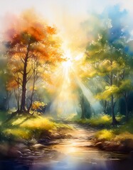 Obraz premium 木漏れ日の水彩イラスト素材（水彩画、自然の風景）