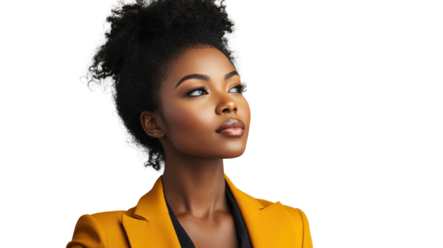 Confident woman with stylish hair and yellow blazer, looking thoughtfully toward the future against a white background.
