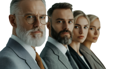 Diverse professionals in formal attire, showcasing teamwork and collaboration.