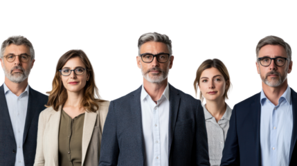 Diverse group of professionals standing together in formal attire, showcasing teamwork and collaboration in a modern workplace.