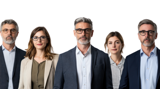 Diverse group of professionals standing together in formal attire, showcasing teamwork and collaboration in a modern workplace.