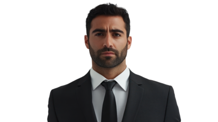 Professional man in a suit with a serious expression, isolated on white background.