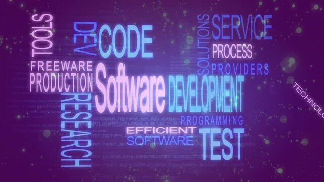 Animation showing software development keywords floating over purple background in school