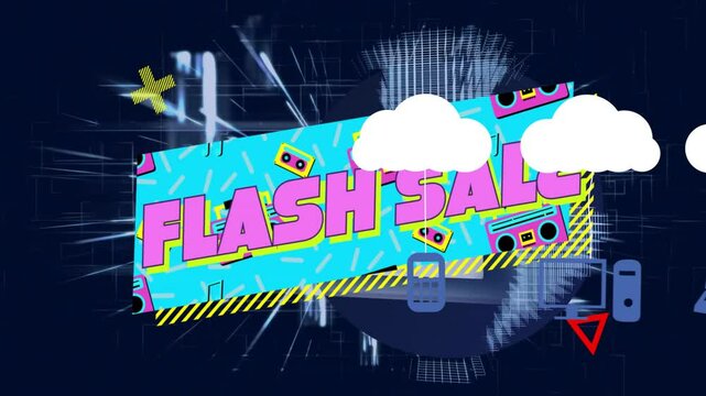 Colorful animation of Flash Sale text with clouds on vibrant blue background