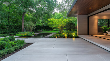 Fototapeta premium minimalist garden with clean pathways and neatly trimmed plants creates serene atmosphere