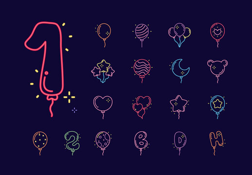 Multicolor Helium Neon Balloon Icons Set