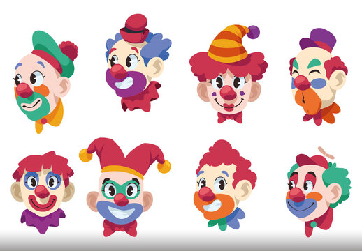 Red and Blue Circus Funny Clown Faces Illustration Set