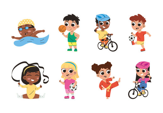Yellow and Blue Kids Playing Sports Illustration Set