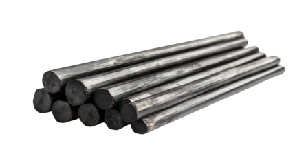 A collection of black steel rods stacked together on a white isolated background.
