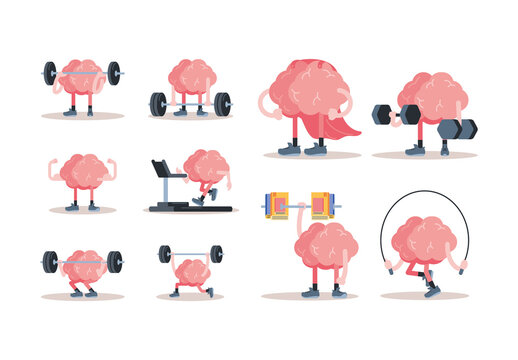 Pink Strong Brain Mental Health Workout Wellness Illustrations Set
